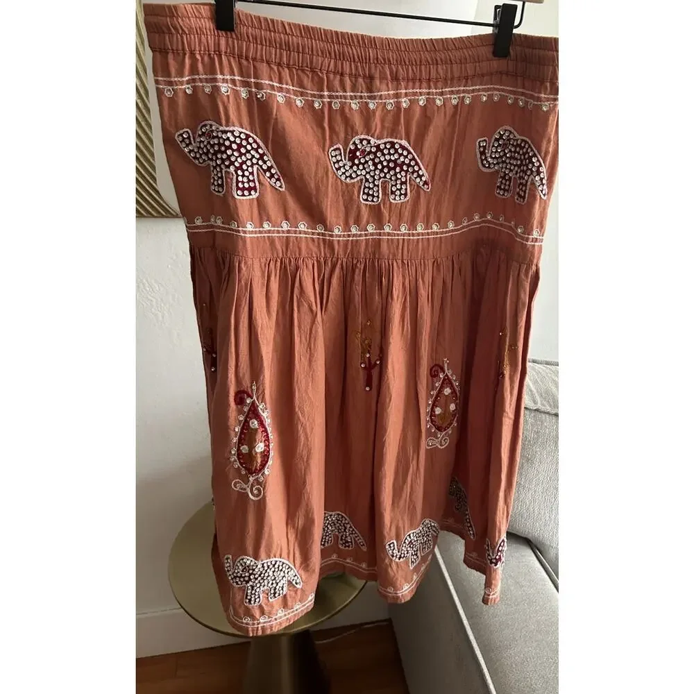 Embellished Orange Embroidery Skirt L Boho Indie Elephant - Picture 2 of 9